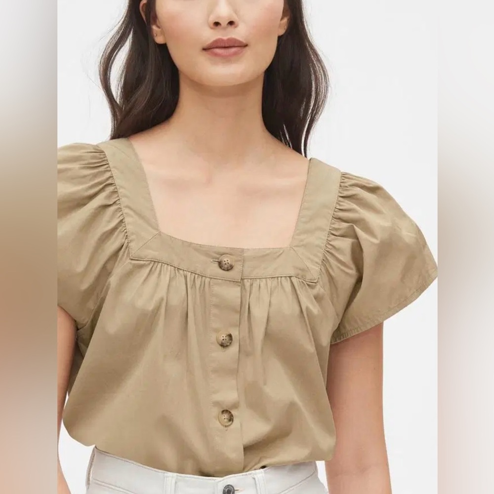 Gap Women's Khaki Square Neck Cotton Button-Up Top Size Small